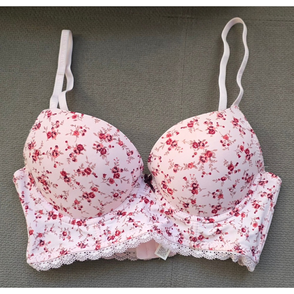 Laura Ashley Pink Floral Longline Push Up Bra 34C Lace Trim Style 3128-70